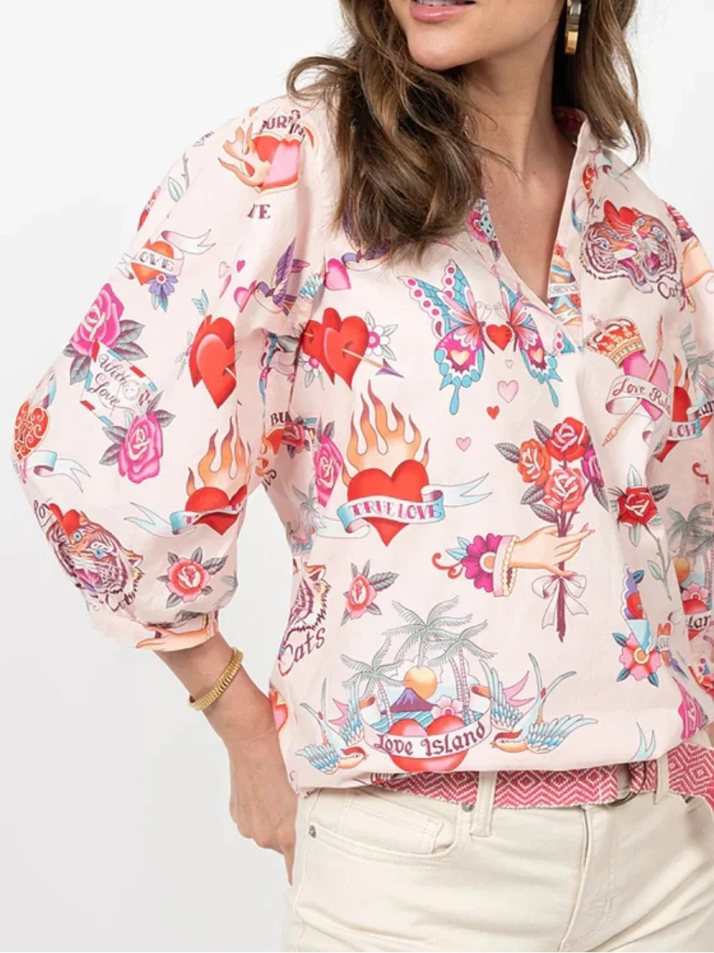 Ivy Jane True Love Top Women’s Small Tattoo Hearts Floral Shirt Blouse USA I_10